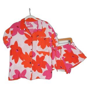 GB Floral Matching Set Two Piece Short Co-Ord Vibrant Pink Orange Summer Lounge
